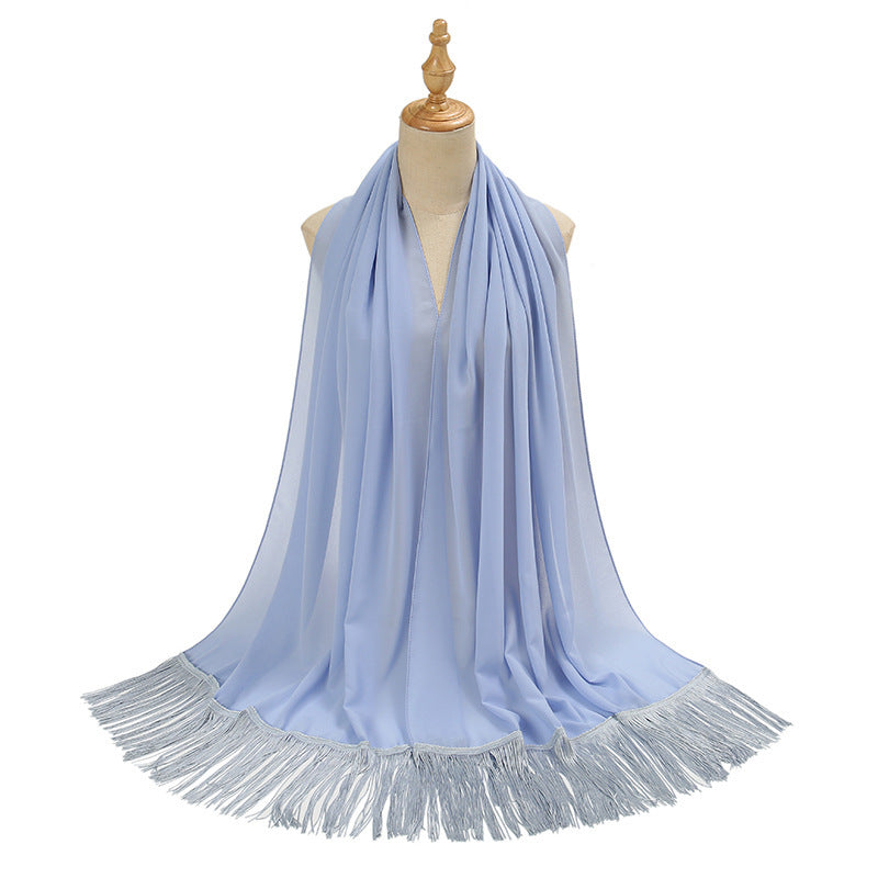 Pearl Chiffon Decorative Scarf with Long Fringe & Bubble Towel Texture – Elegant and Warm