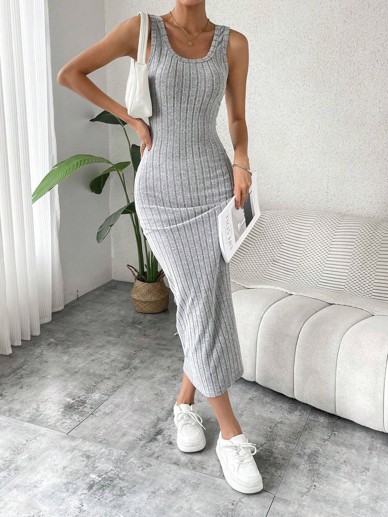 SHEIN VCAY Solid Ribbed Knit Tank Dress