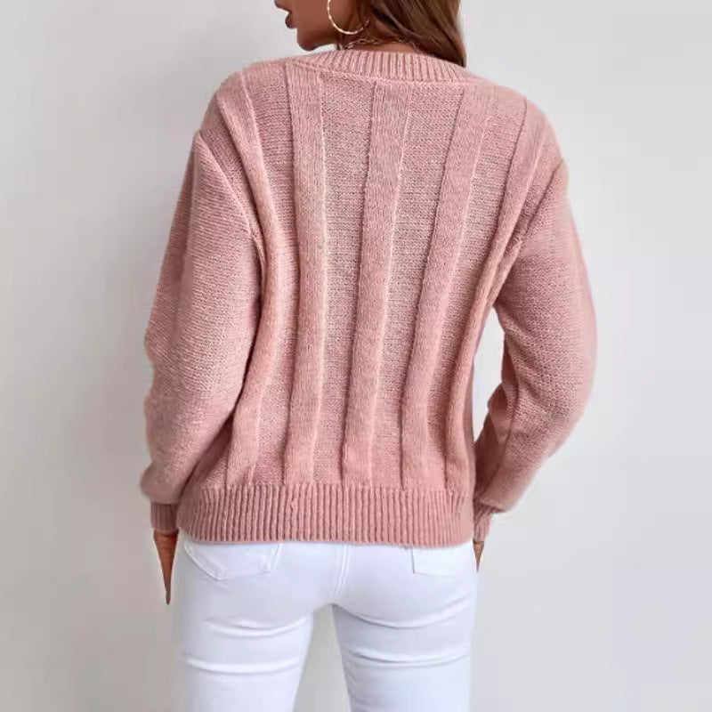 V-neck Loose Fit Long-sleeve Sweater for Autumn and Winter - ChicVix