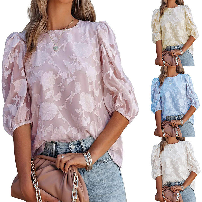 Women's Puff Sleeve Chiffon Loose Top - Flower Texture Shirt