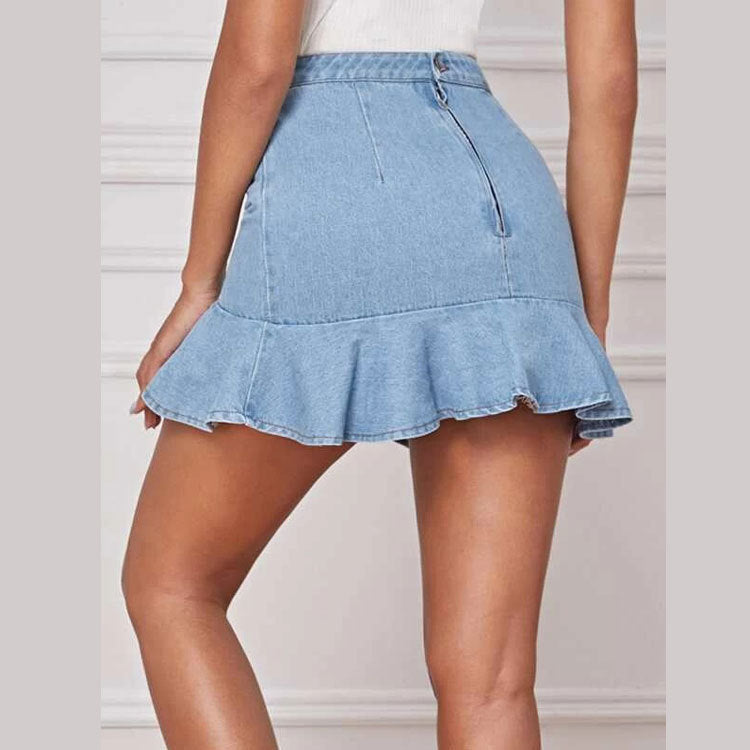 Women's Ruffled Lace Denim Skirt - ChicVix