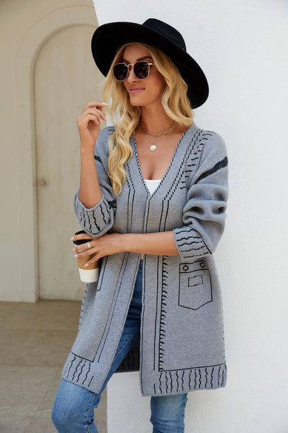 Fashionable Lazy Knit Jacquard Sweater Coat - ChicVix