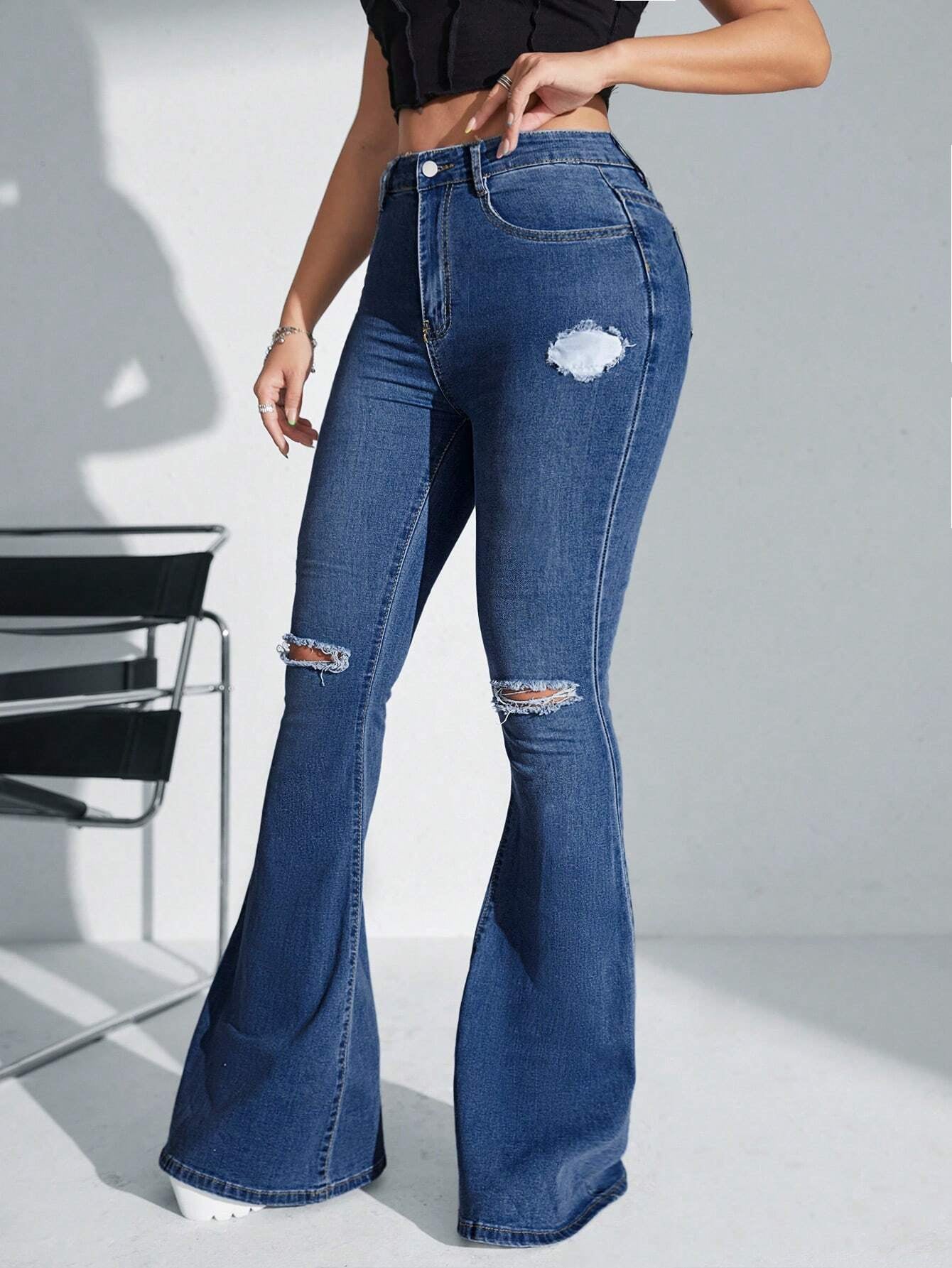 SHEIN SXY High-Waisted Ripped Flare Leg Jeans