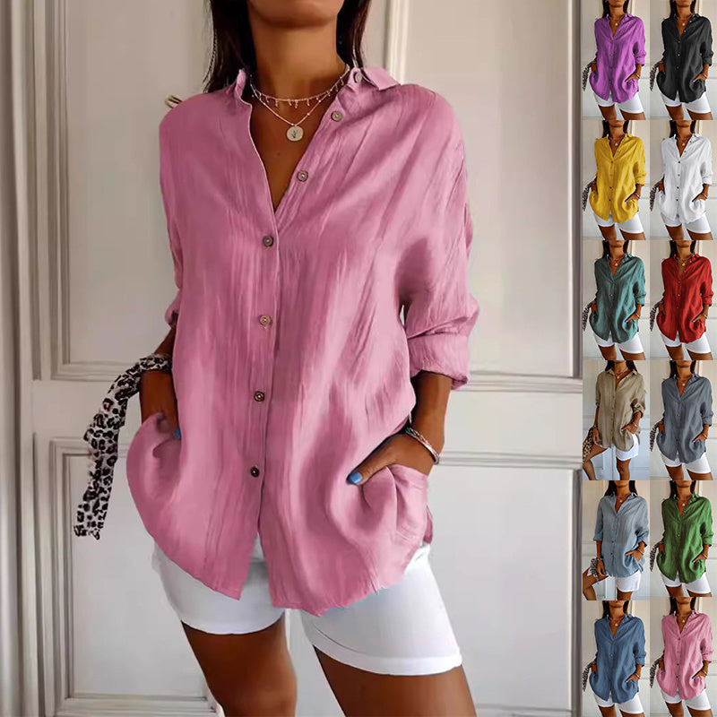 Lapel Long Sleeve Pleated Shirt for Women