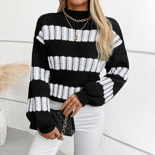 Women's Half Turtleneck Color Block Striped Pullover Sweater