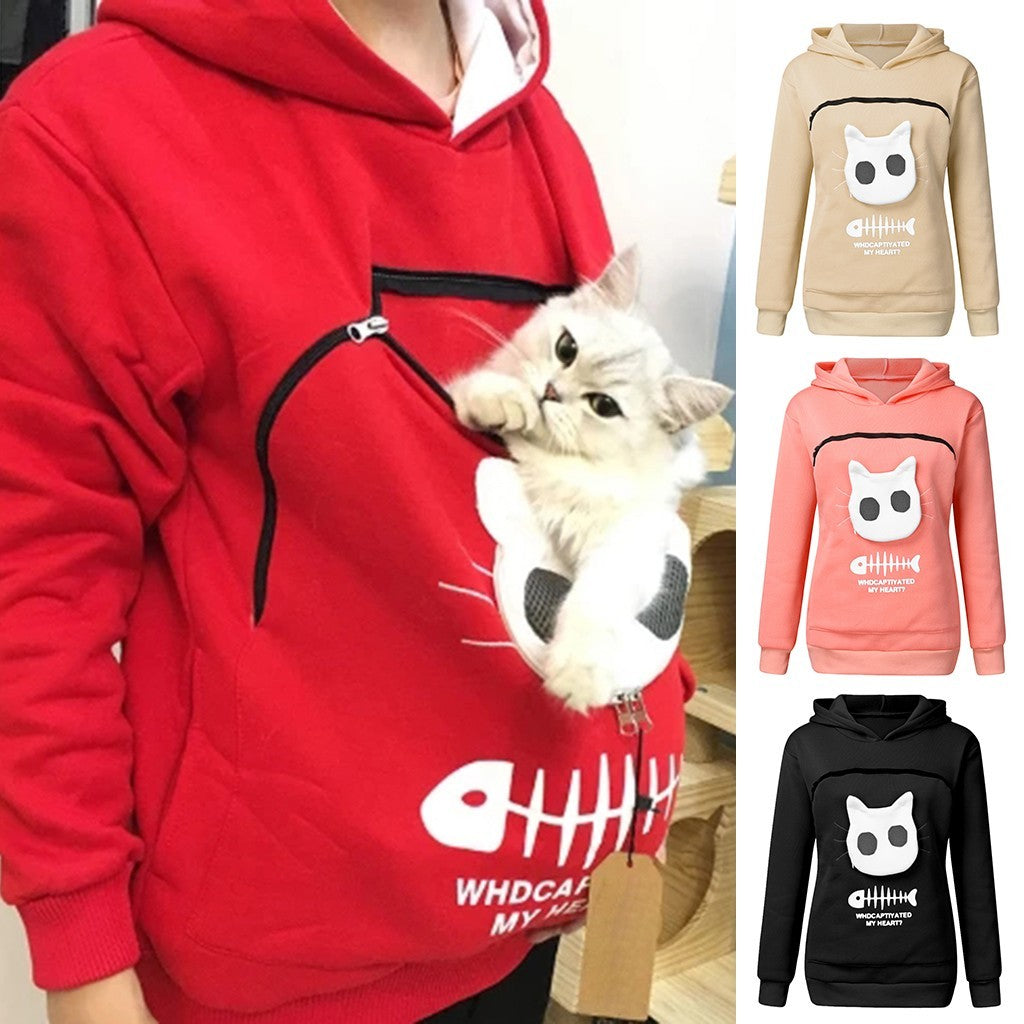 Women’s Cat Pocket Hoodie Sweatshirt | Long Sleeve Cat Outfit