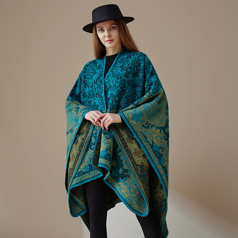 Women's Double-Sided Tassel Cloak Shawl – Classic Jacquard Graffiti Pattern, Hand-Painted Travel Cloak