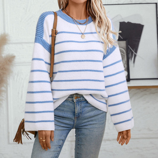 Women's Loose-fitting Striped Round-neck Pullover Sweater