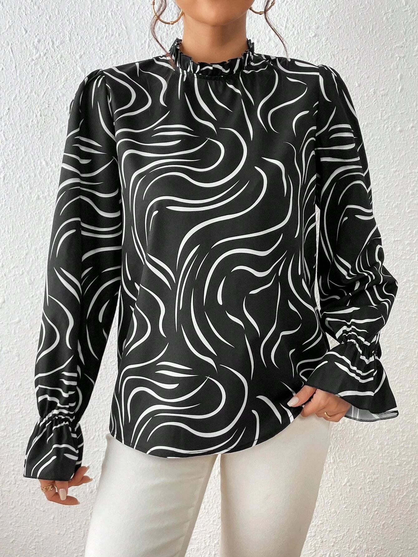 Women's Water Ripple Printed Long-Sleeved Top - ChicVix