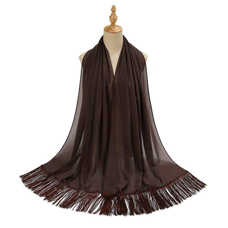 Pearl Chiffon Decorative Scarf with Long Fringe & Bubble Towel Texture – Elegant and Warm