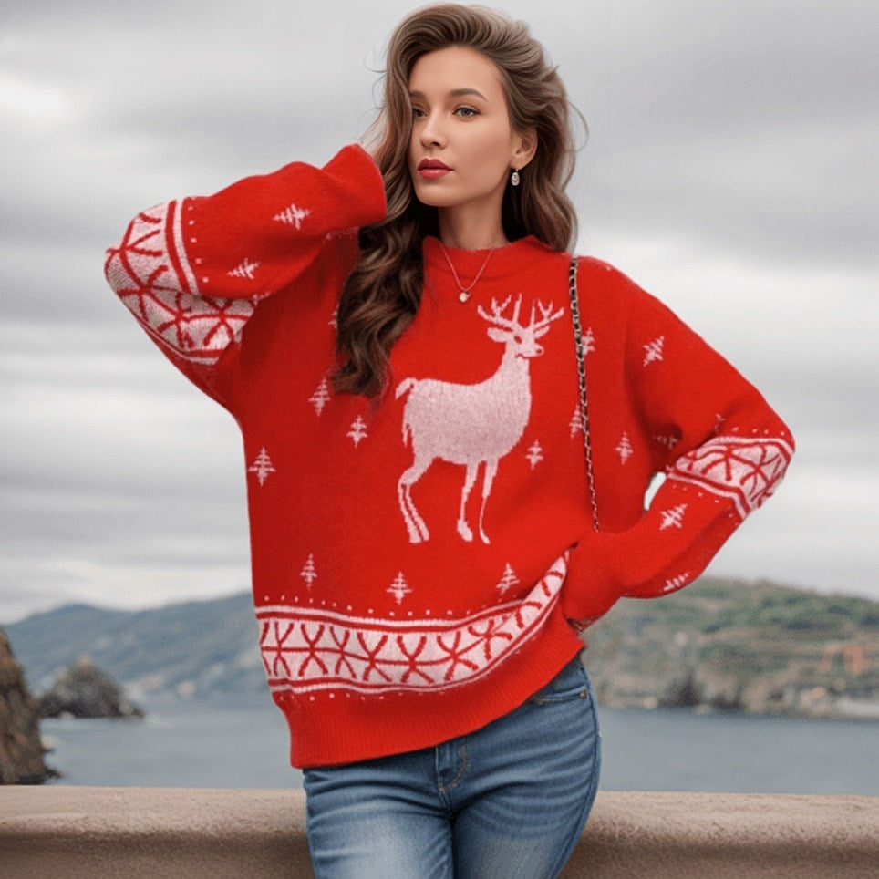 Christmas Elk Loose Knitwear Round Neck Brocade Sweater for Women