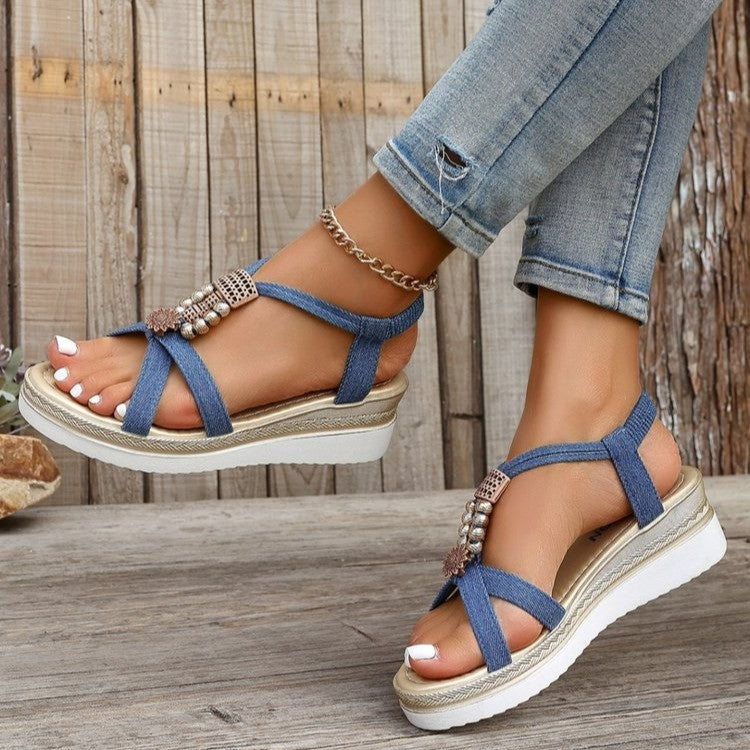 Summer Open-Toed Beaded Wedge Sandals – Denim Design with Elastic Band for Comfortable Fit