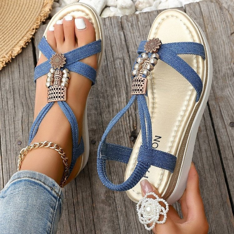 Summer Open-Toed Beaded Wedge Sandals – Denim Design with Elastic Band for Comfortable Fit