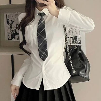 Women White Shirt Korean Preppy Style Long Sleeve Turn Down Collar Blouse Female JK Uniform Sexy Slim Sweet Tops Autumn