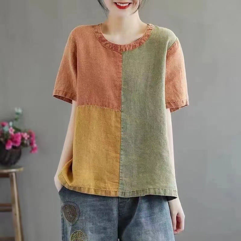 Cotton Linen Contrast Color T-shirt - ChicVix