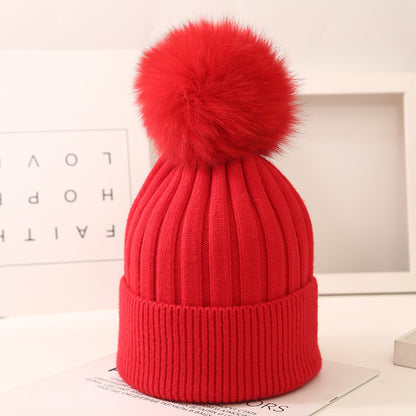 Kids' Knit Wool Hat with Fox Fur Pom Pom - ChicVix