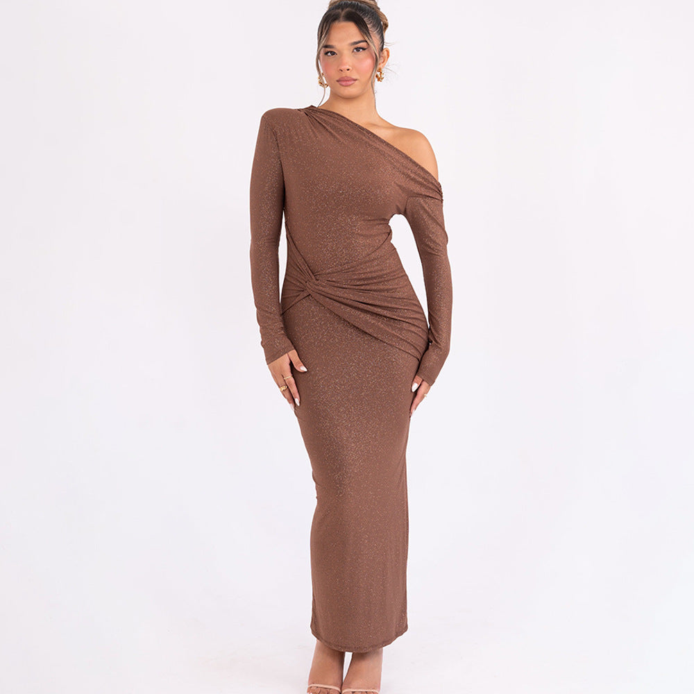 Oblique Shoulder Pleated Long Sleeve Dress for Women