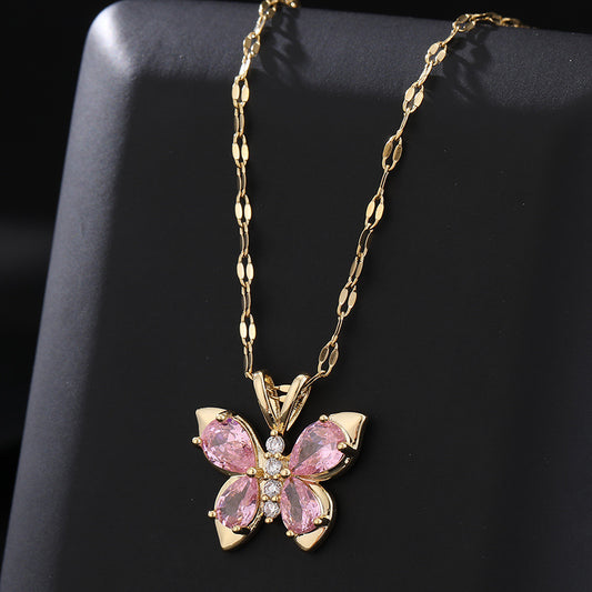 Women's Titanium Steel Necklace with Pink Diamond Butterfly Pendant - Fade-Resistant - ChicVix