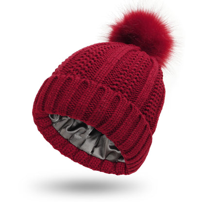 Fashion Stretchy Satin-Lined Skull Knit Beanie Hat for Women - Faux Fur Pom Pom Winter Hat - ChicVix