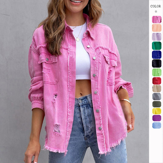 Fashion Ripped Shirt Jacket for Women – Casual Autumn & Spring Tops