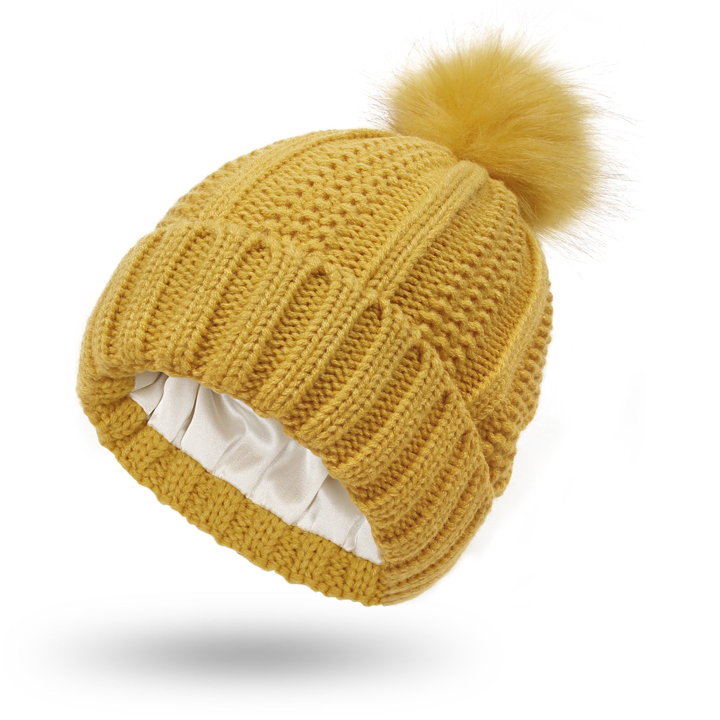 Fashion Stretchy Satin-Lined Skull Knit Beanie Hat for Women - Faux Fur Pom Pom Winter Hat - ChicVix