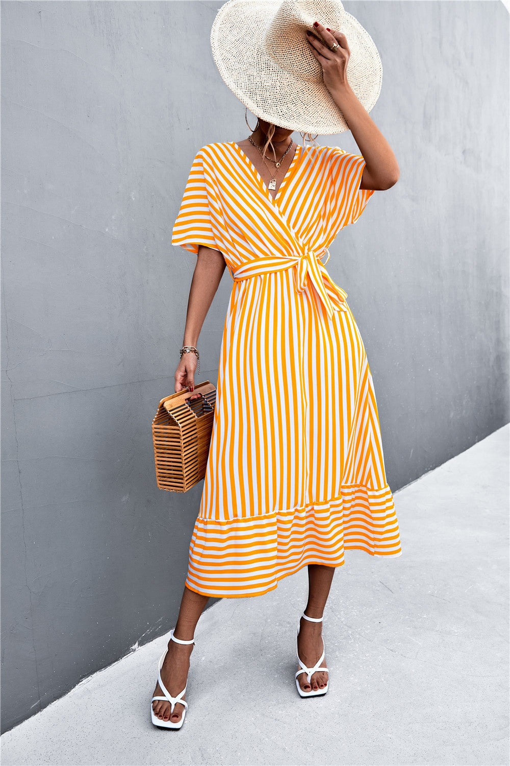 European & American Spring/Summer Cross V-Neck Lace-Up Striped Maxi Dress