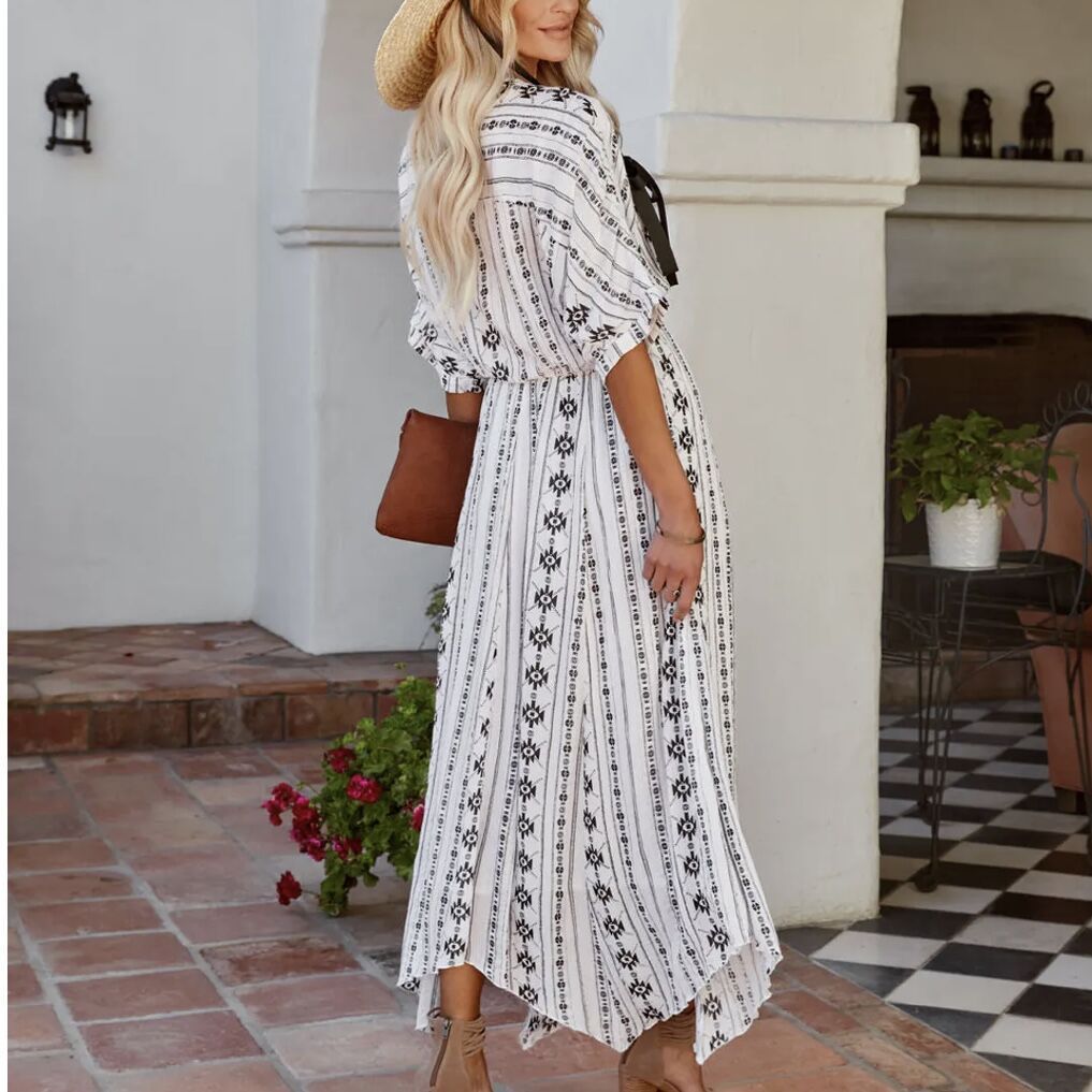 Women's Bohemian V-Neck Short Sleeve Maxi Dress - ChicVix