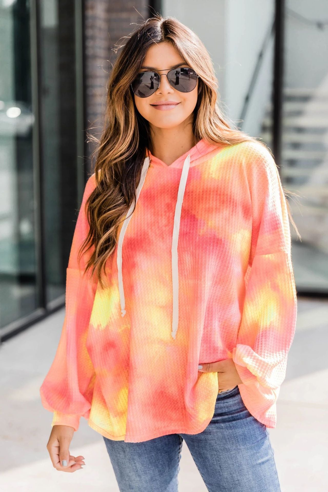 Ladies Tie Dye Hooded Long Sleeve Sweatshirt Pullover