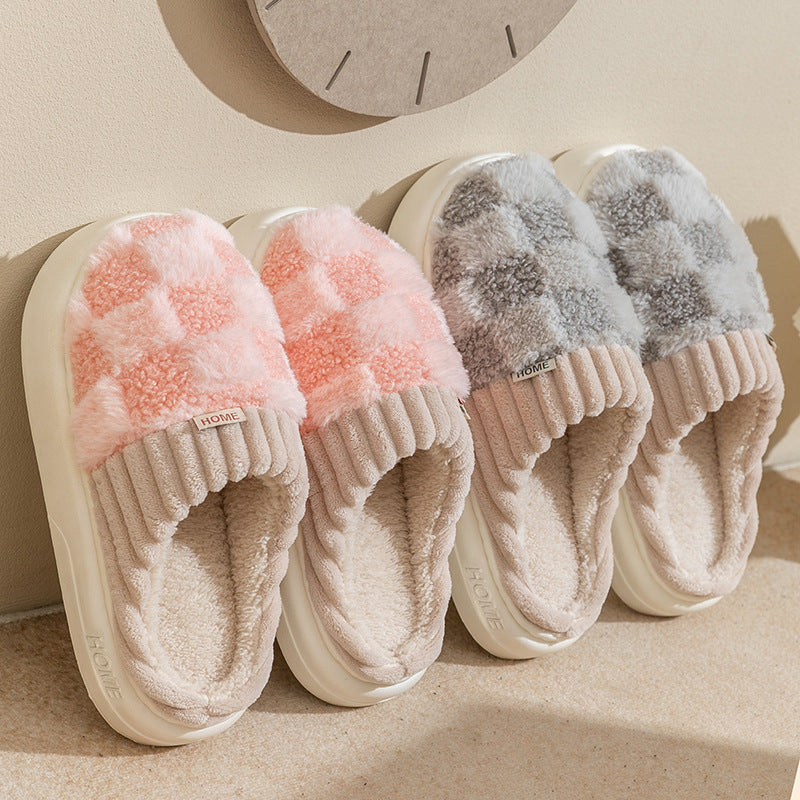 Plaid Plush Slippers – Cozy Indoor Home Slippers for Women