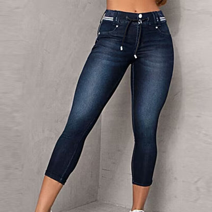 Women's Striped Stitching Drawstring High-Rise Skinny Denim Pants