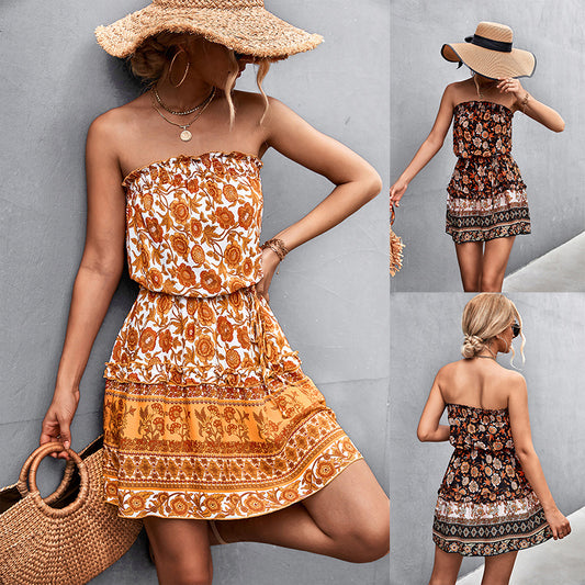 Women's Bohemian Floral Print Strapless A-Line Beach Dress – Summer Short Dress