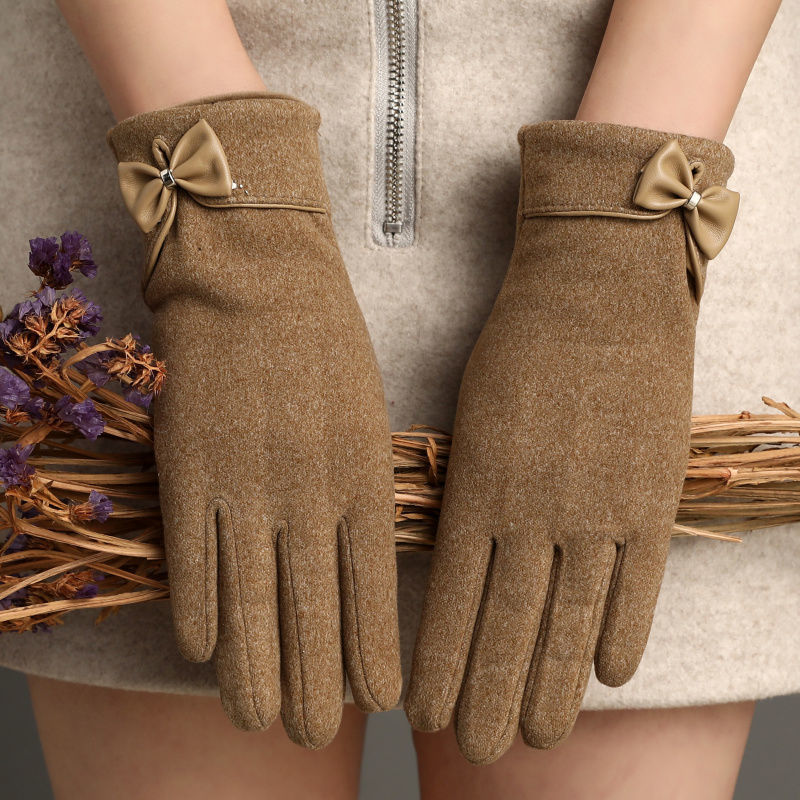 Fleece-Lined De Suede Bow Gloves with Touch Screen Capability