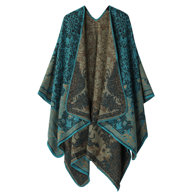 Women's Double-Sided Tassel Cloak Shawl – Classic Jacquard Graffiti Pattern, Hand-Painted Travel Cloak