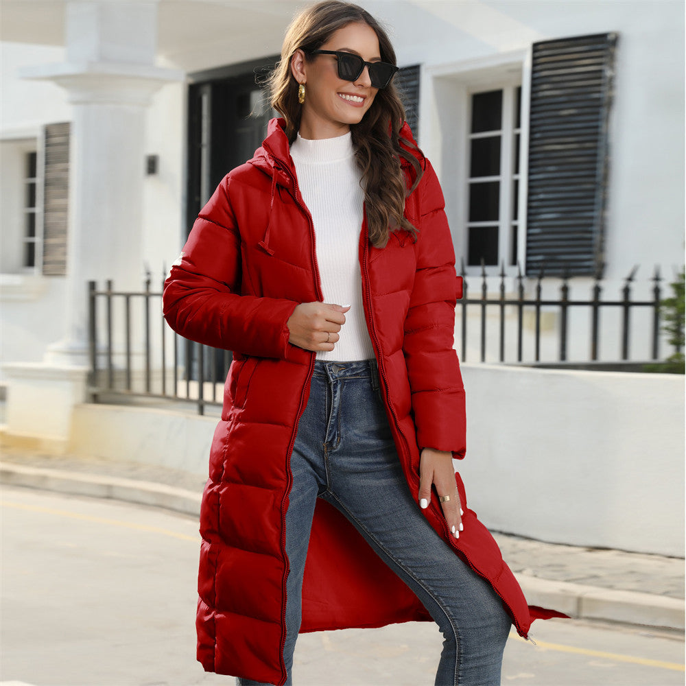 Hooded Women's Cotton Padded Jacket - Mid-Length Slim Fit