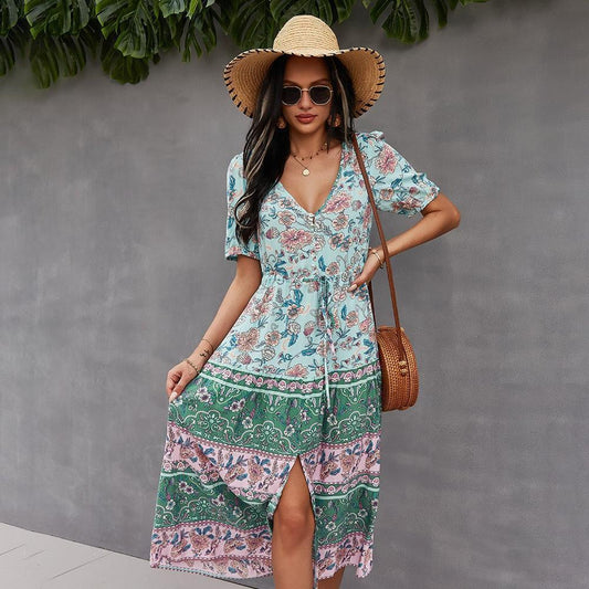 Women's Summer Holiday Style Printed V-Neck Dress