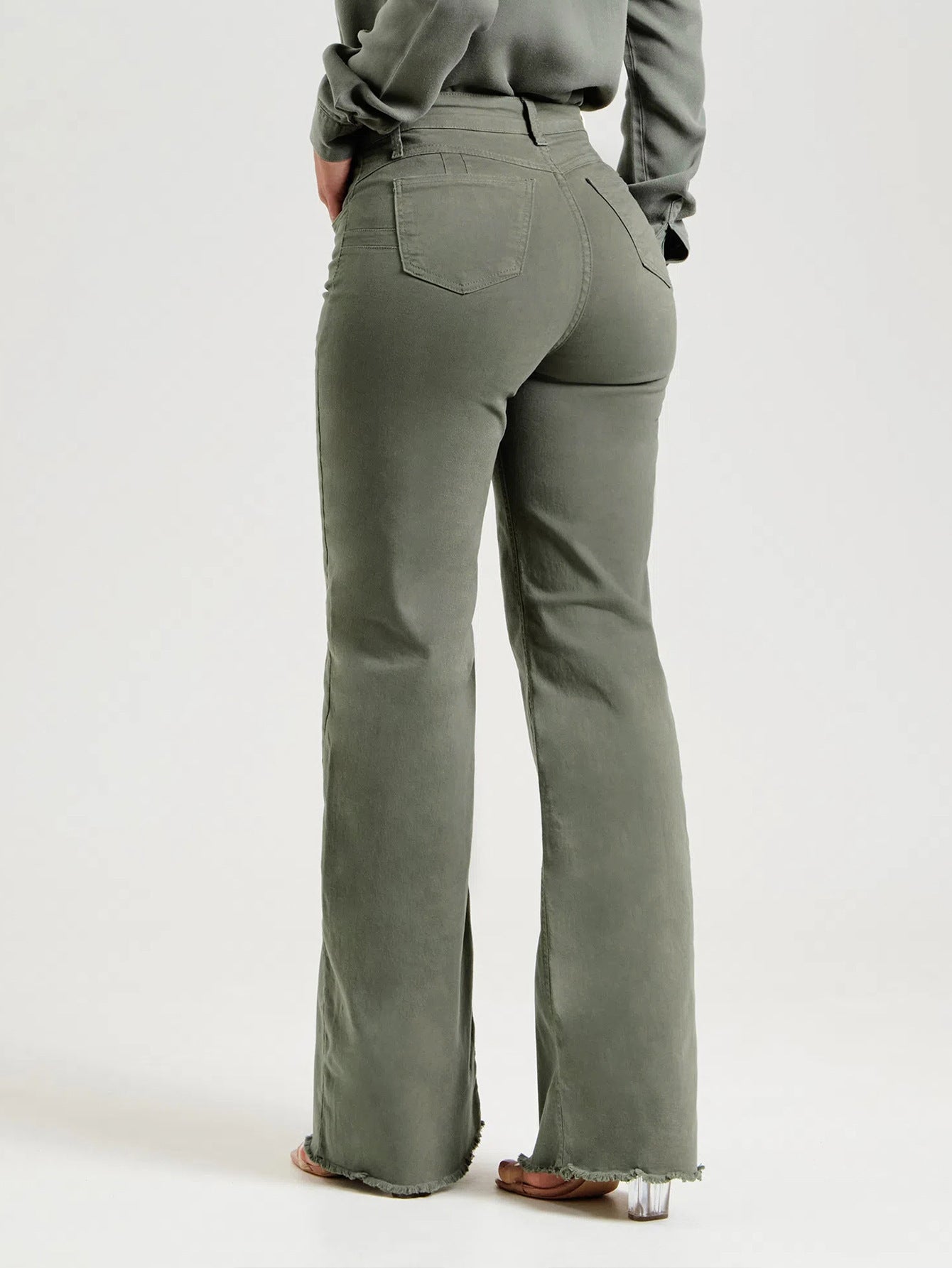 Slim Fit Stretch Flared Pants – Olive Green Micro Flare Denim - ChicVix