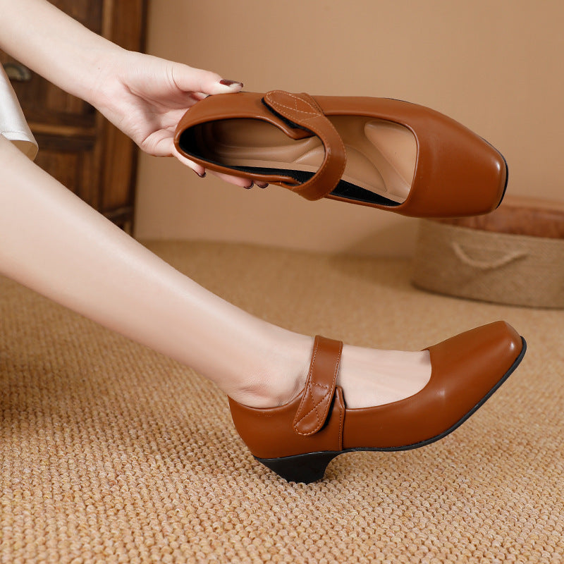 Women's Dark Brown Chunky Heel Pumps with Velcro