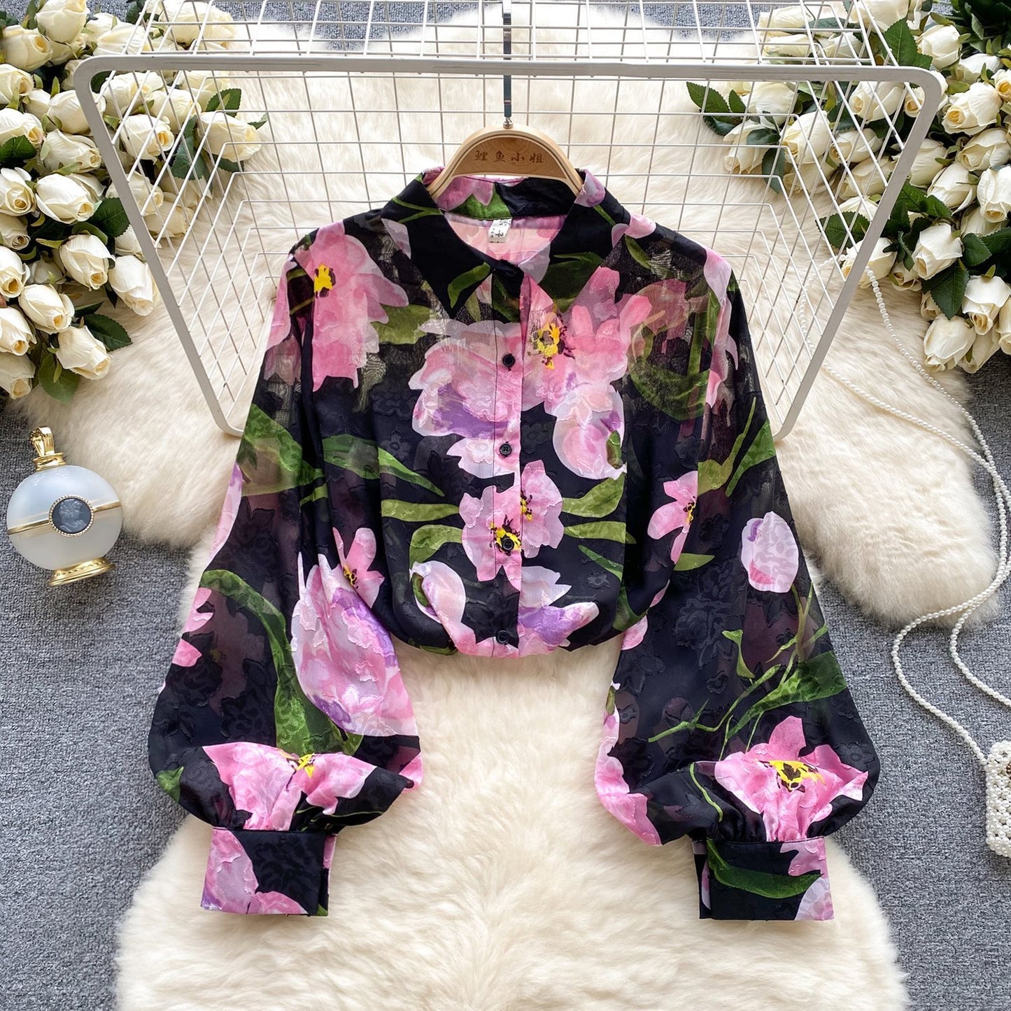 French Retro Tulle Floral Shirt for Women