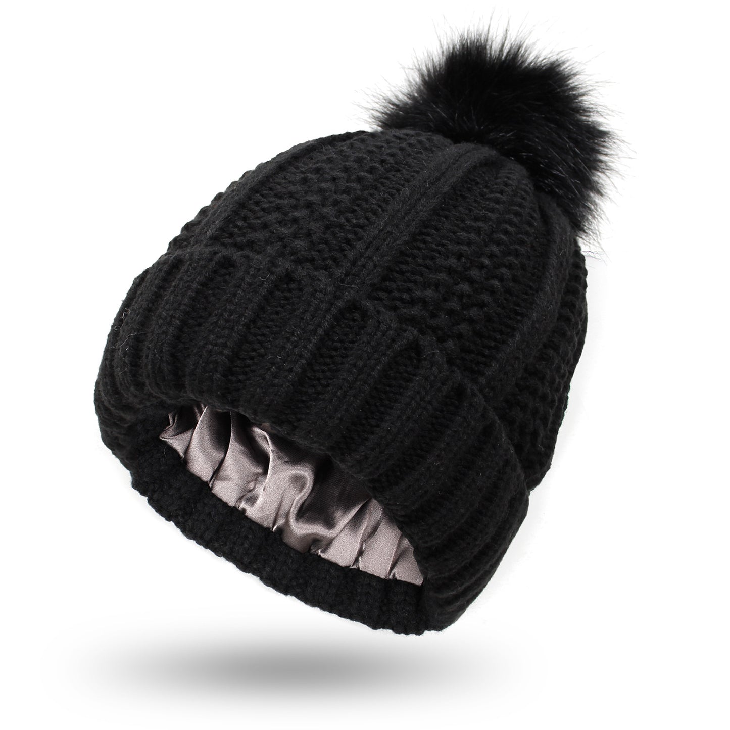 Fashion Stretchy Satin-Lined Skull Knit Beanie Hat for Women - Faux Fur Pom Pom Winter Hat - ChicVix