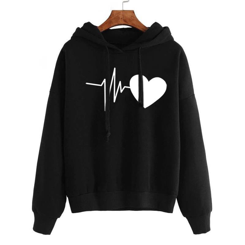 Heart Print Streetwear Hoodies for Women – Long Sleeve Pullover Sweatshirt - ChicVix