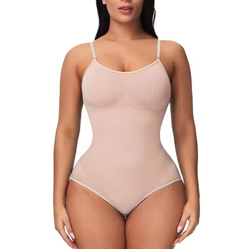 V-Neck Spaghetti Strap Compression Bodysuit with Open Crotch Shapewear for Slimming and Smoothing