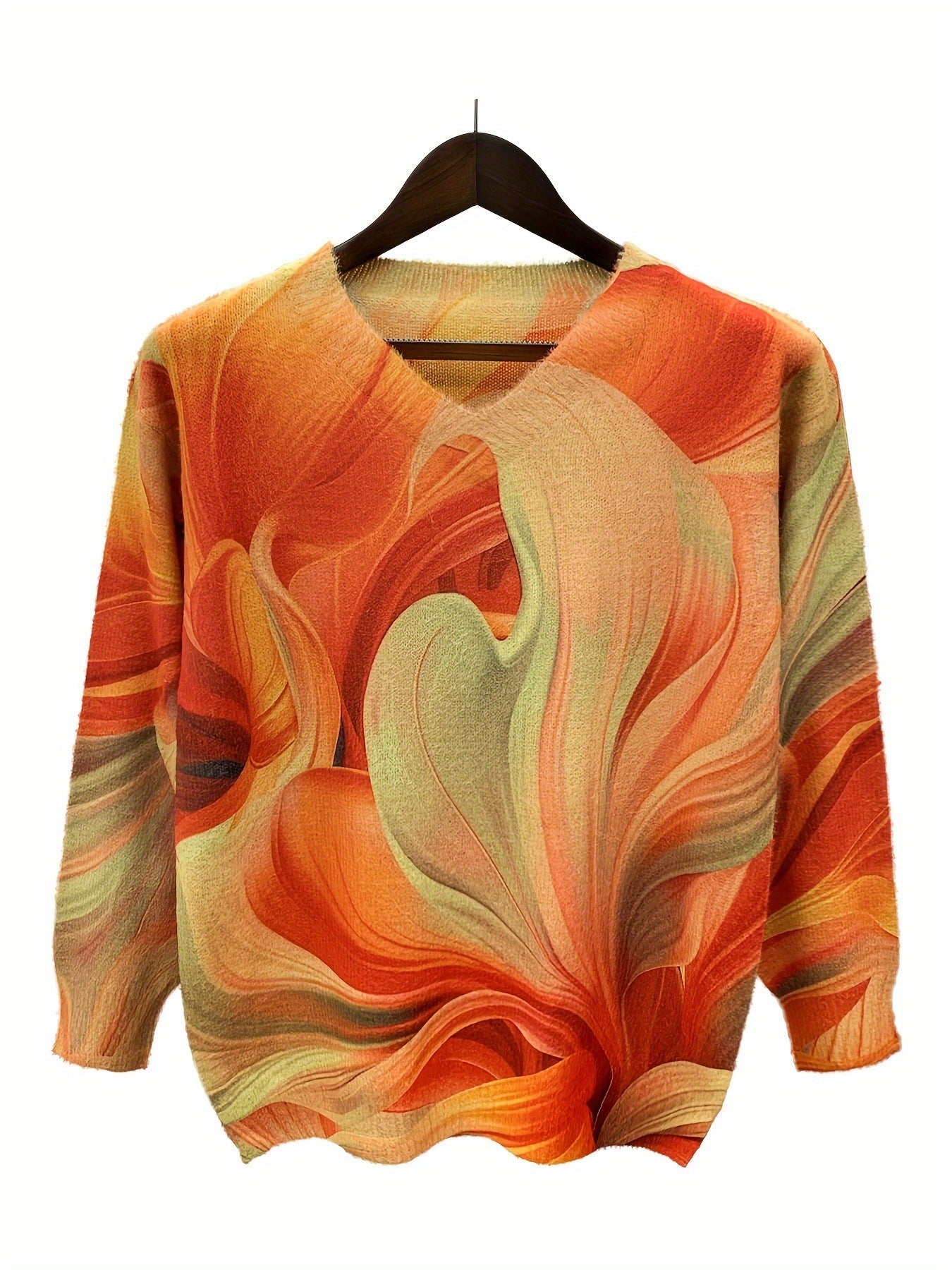 Stylish V-Neck Long Sleeve Sweater with Vibrant Prints - ChicVix