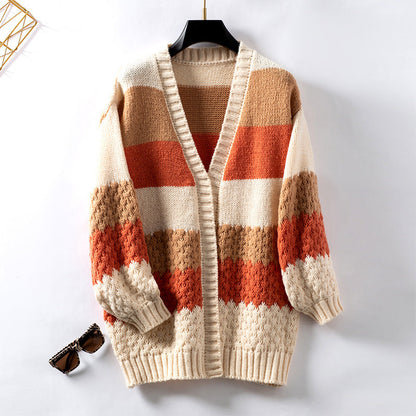 Contrast Color Striped Cardigan Sweater for Women - European and American Style - ChicVix