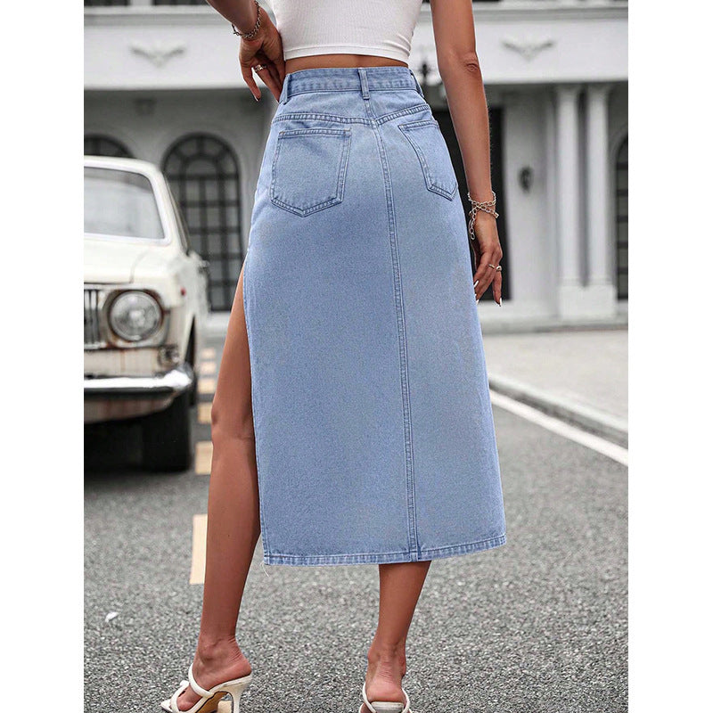 Women's High-Waist Split Denim Sheath Skirt - ChicVix