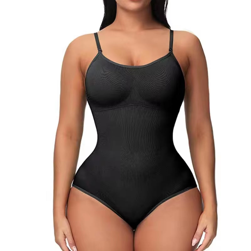 V-Neck Spaghetti Strap Compression Bodysuit with Open Crotch Shapewear for Slimming and Smoothing