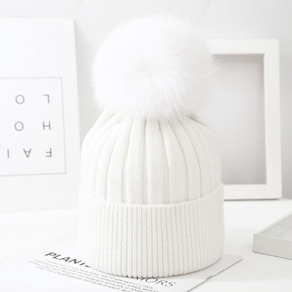 Kids' Knit Wool Hat with Fox Fur Pom Pom - ChicVix