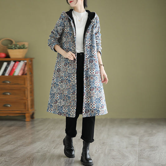 Ethnic Style Fleece-Lined Mid-Length Hooded Jacket for Women