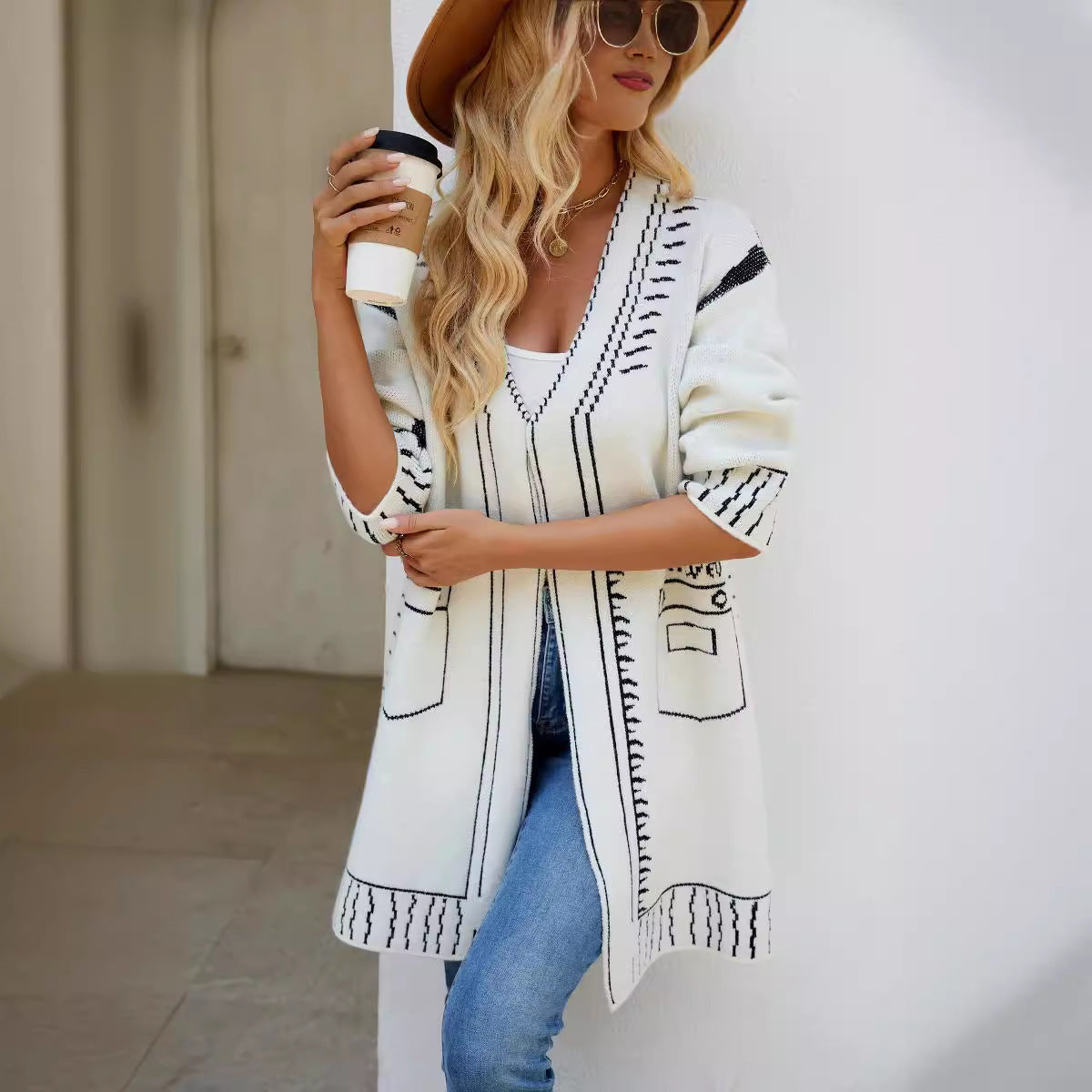 Fashionable Lazy Knit Jacquard Sweater Coat