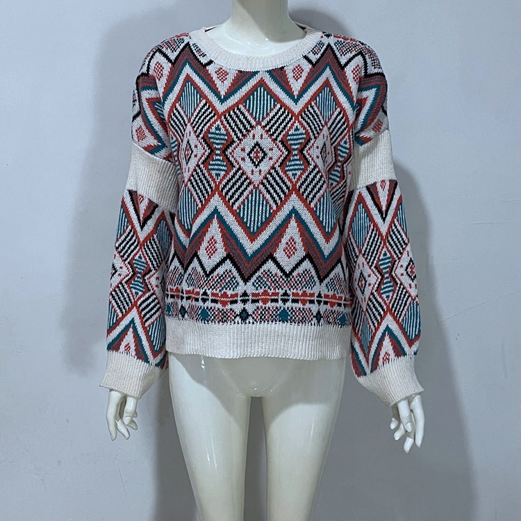 European and American Diamond Pattern Jacquard Knit Pullover Sweater - ChicVix