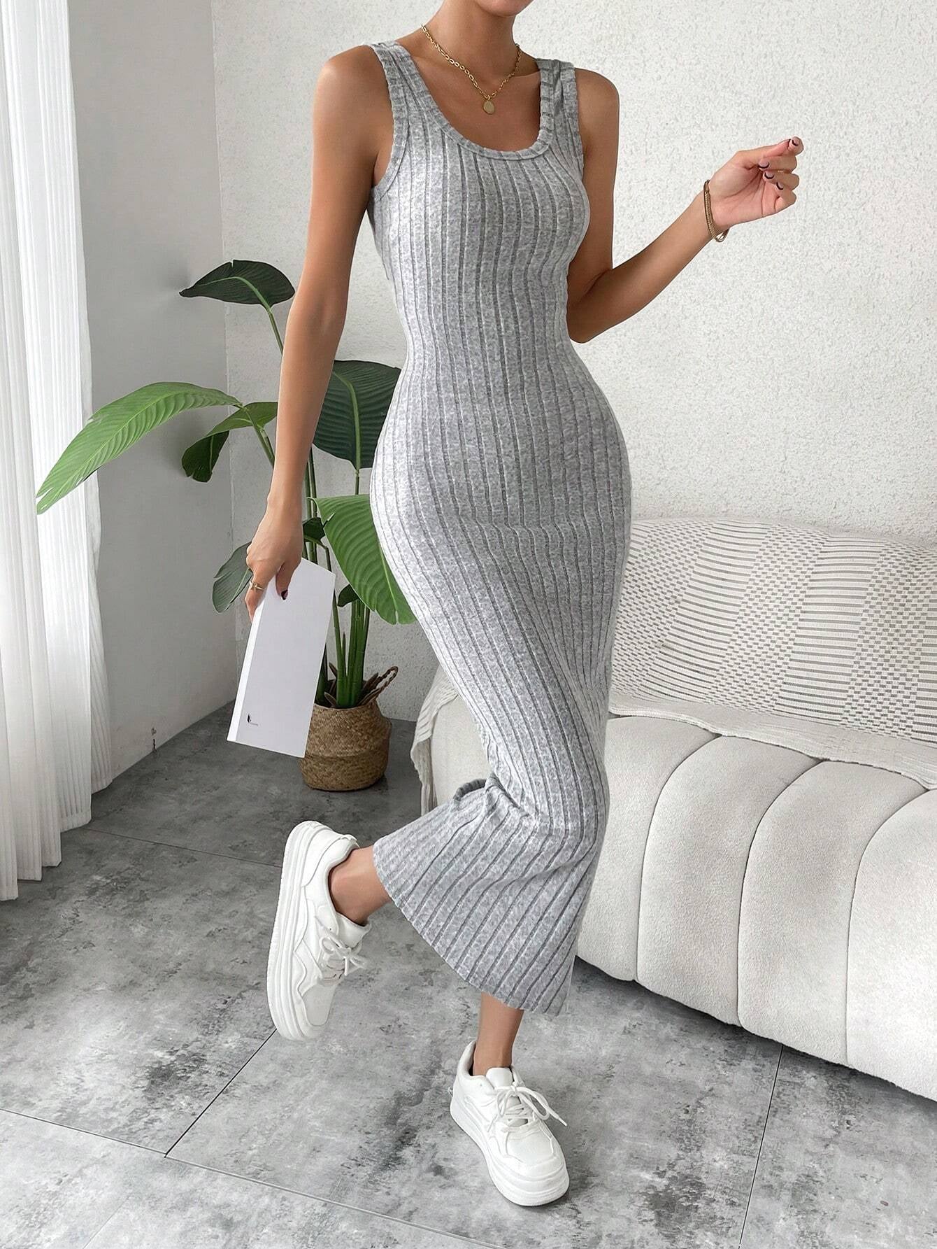 SHEIN VCAY Solid Ribbed Knit Tank Dress